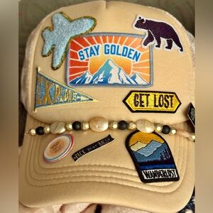 Custom Beige Cap Check board back-with Adventure Patches + a beaded hat band
